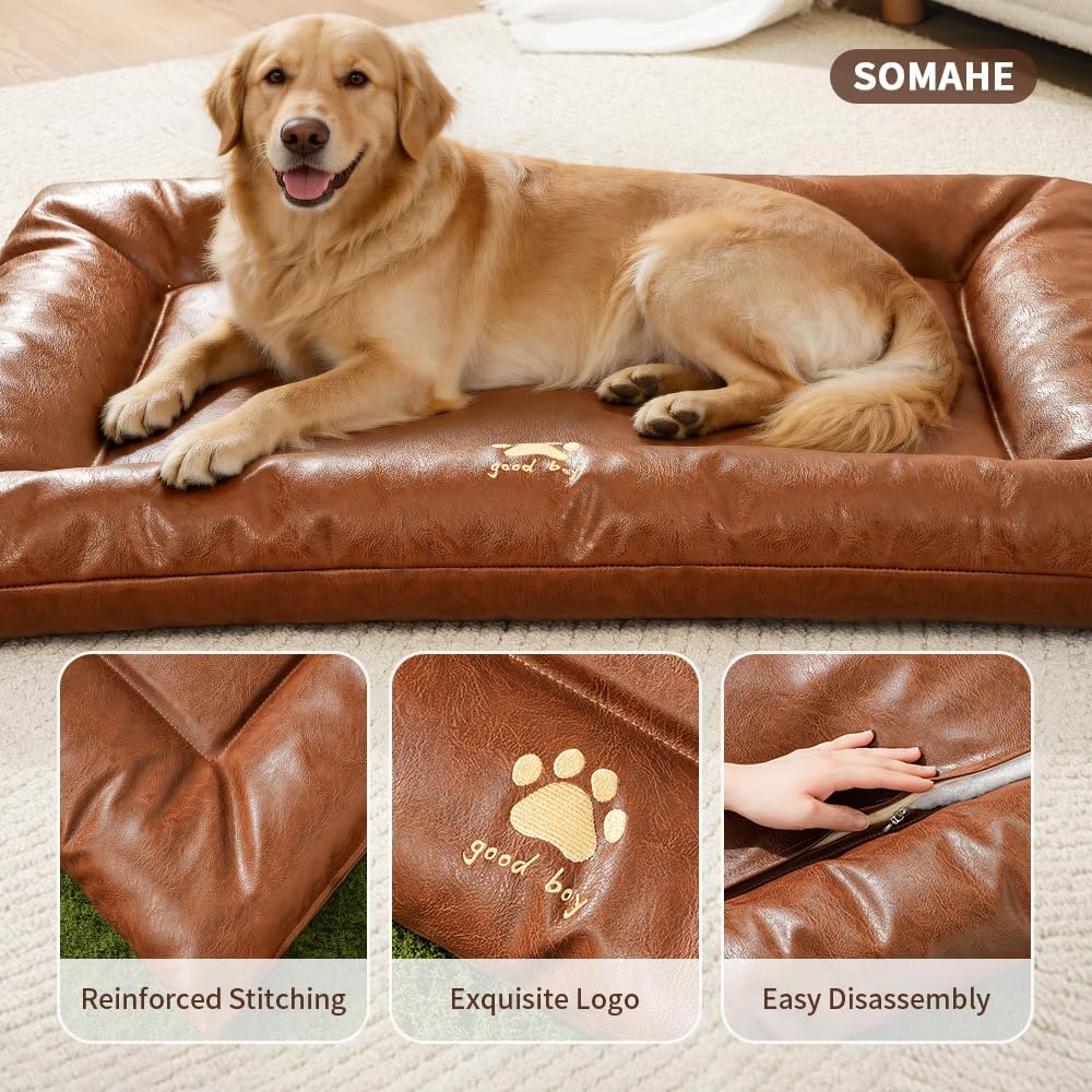 Orthopedic Dog Bed with Bolster, Waterproof Leather Pet Couch & Bumper Bed Mat for Large Dogs, Removable Washable Cover, 35.4"×27.6" Inches – Black