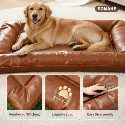 Orthopedic Dog Bed with Bolster, Waterproof Leather Pet Couch & Bumper Bed Mat for Large Dogs, Removable Washable Cover, 35.4"×27.6" Inches – Black