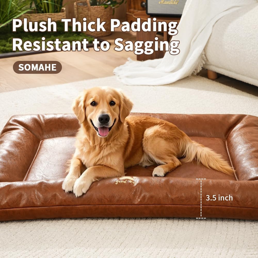 Orthopedic Dog Bed with Bolster, Waterproof Leather Pet Couch & Bumper Bed Mat for Large Dogs, Removable Washable Cover, 35.4"×27.6" Inches – Black