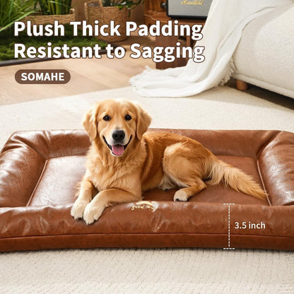 Orthopedic Dog Bed with Bolster, Waterproof Leather Pet Couch & Bumper Bed Mat for Large Dogs, Removable Washable Cover, 35.4"×27.6" Inches – Black