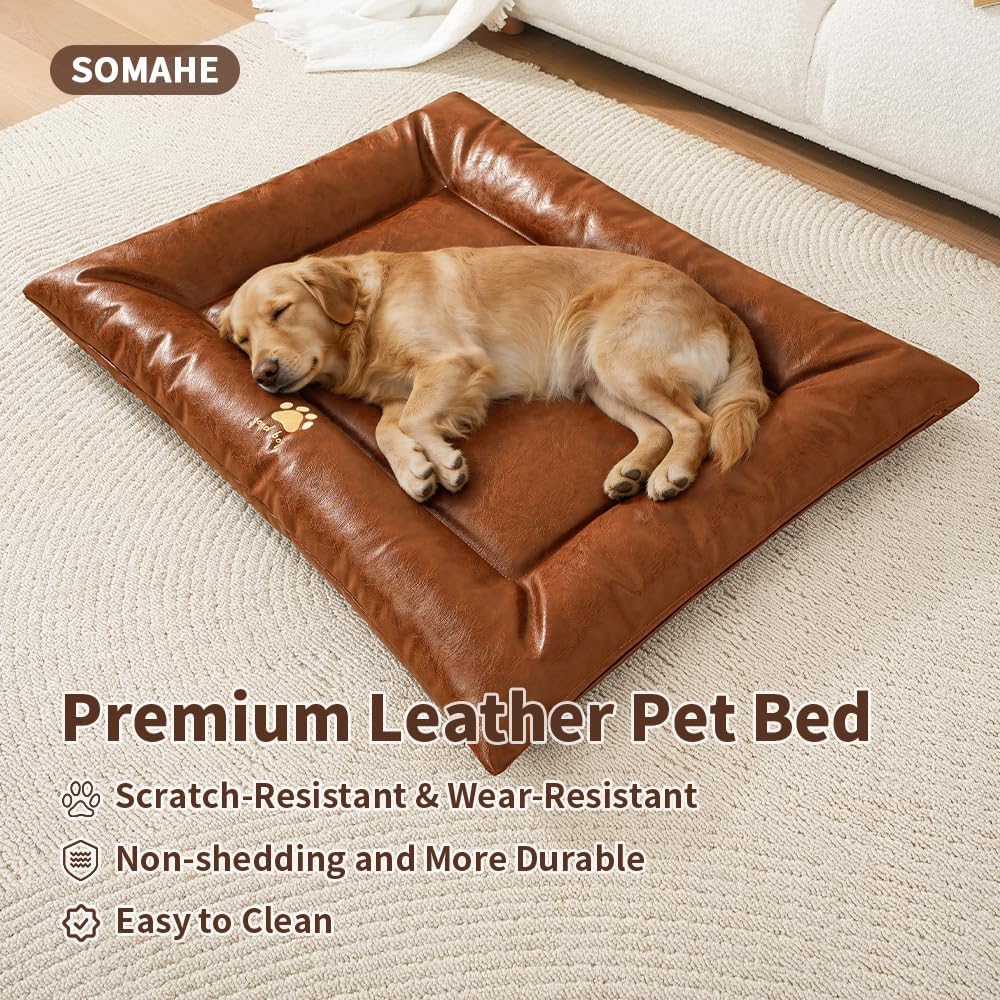 Orthopedic Dog Bed with Bolster, Waterproof Leather Pet Couch & Bumper Bed Mat for Large Dogs, Removable Washable Cover, 35.4"×27.6" Inches – Black